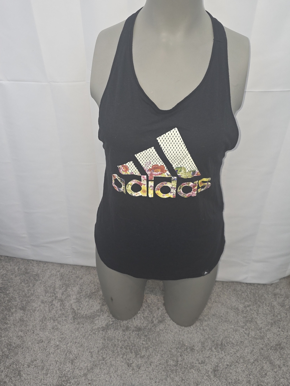Adidas Black Floral Logo Racerback Tank Top Medium